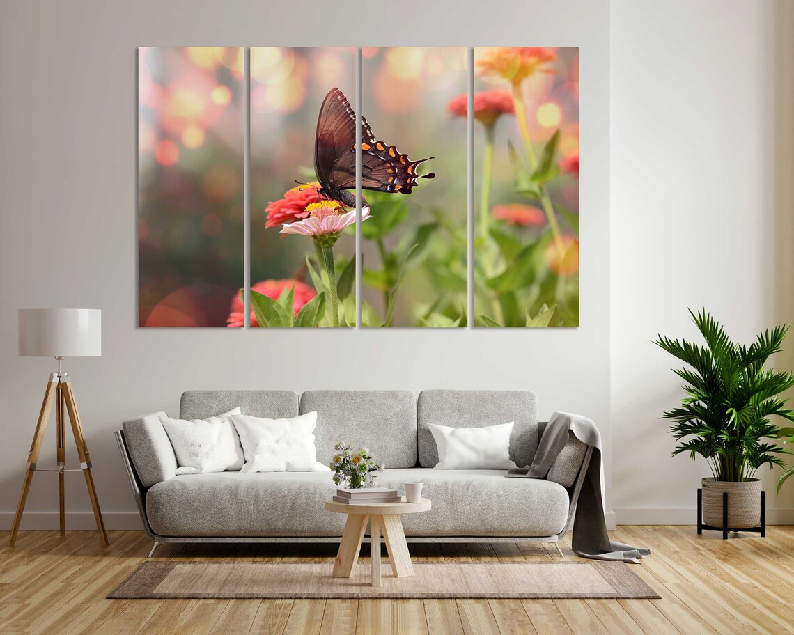 Dark Brown Butterfly On Pink Zinnia Flowers Bokeh Garden Wall Art - Image 8