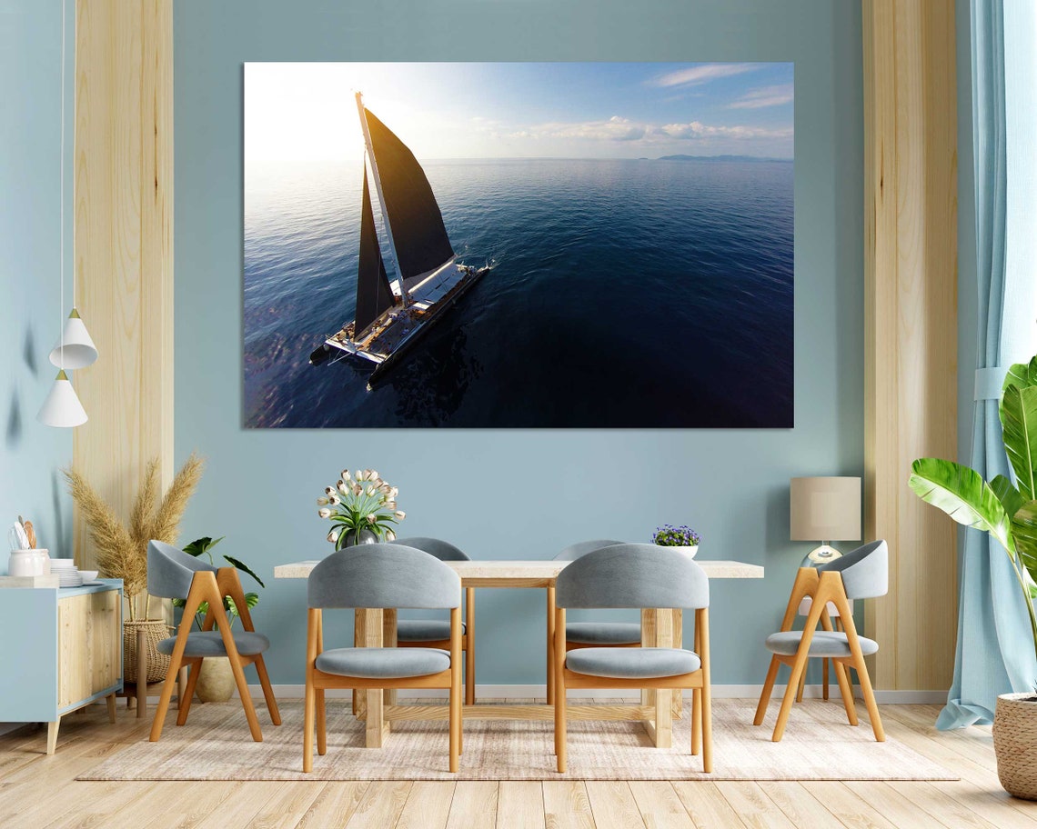 Sailboat With Black Sails Aerial View Calm Blue Ocean Sunset Poster - Image 3