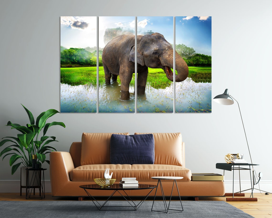 Asian Elephant Standing in Pond Green Field Mist Wildlife Poster - Image 7