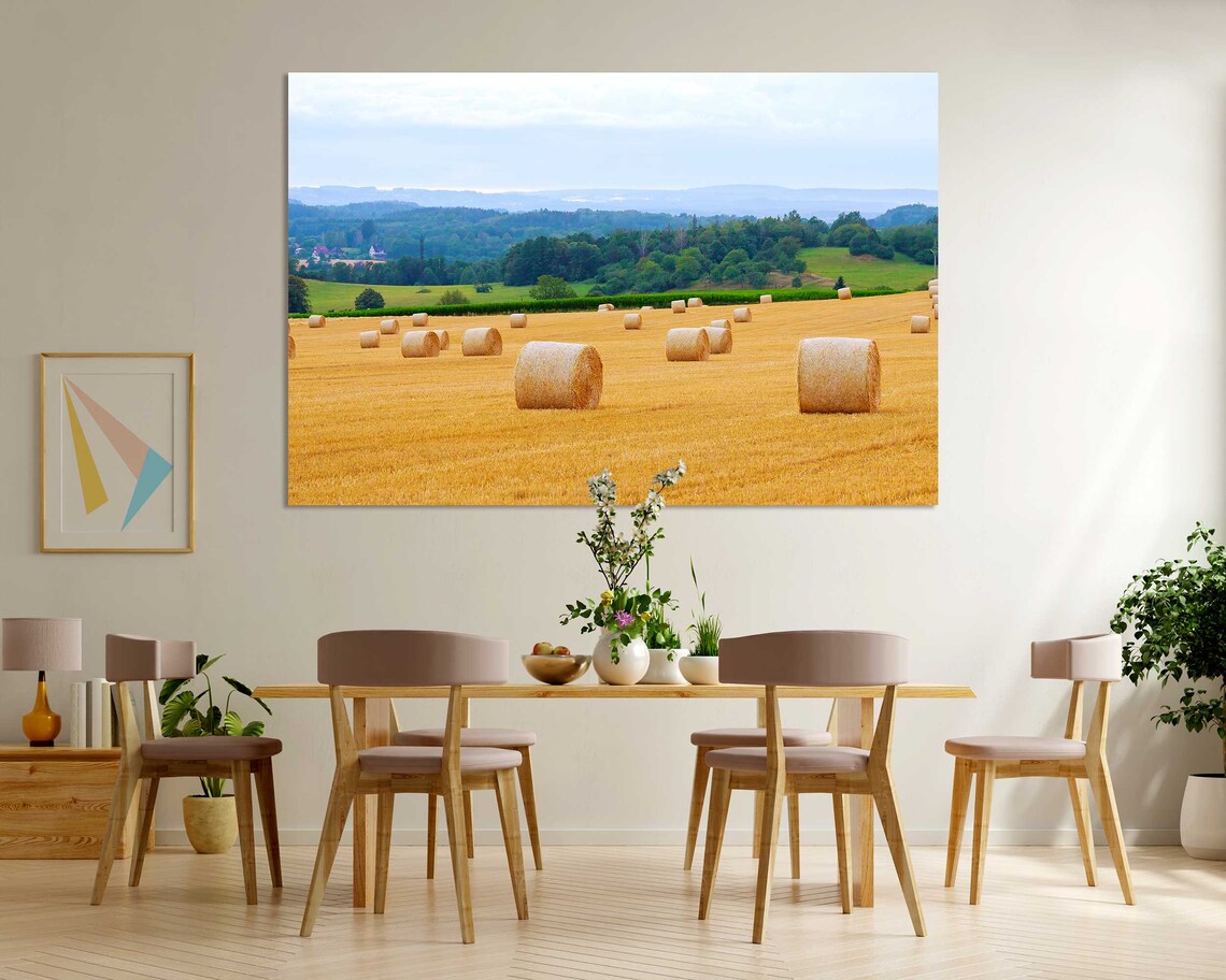 Golden Wheat Field with Round Hay Bales Harvest Country View Poster