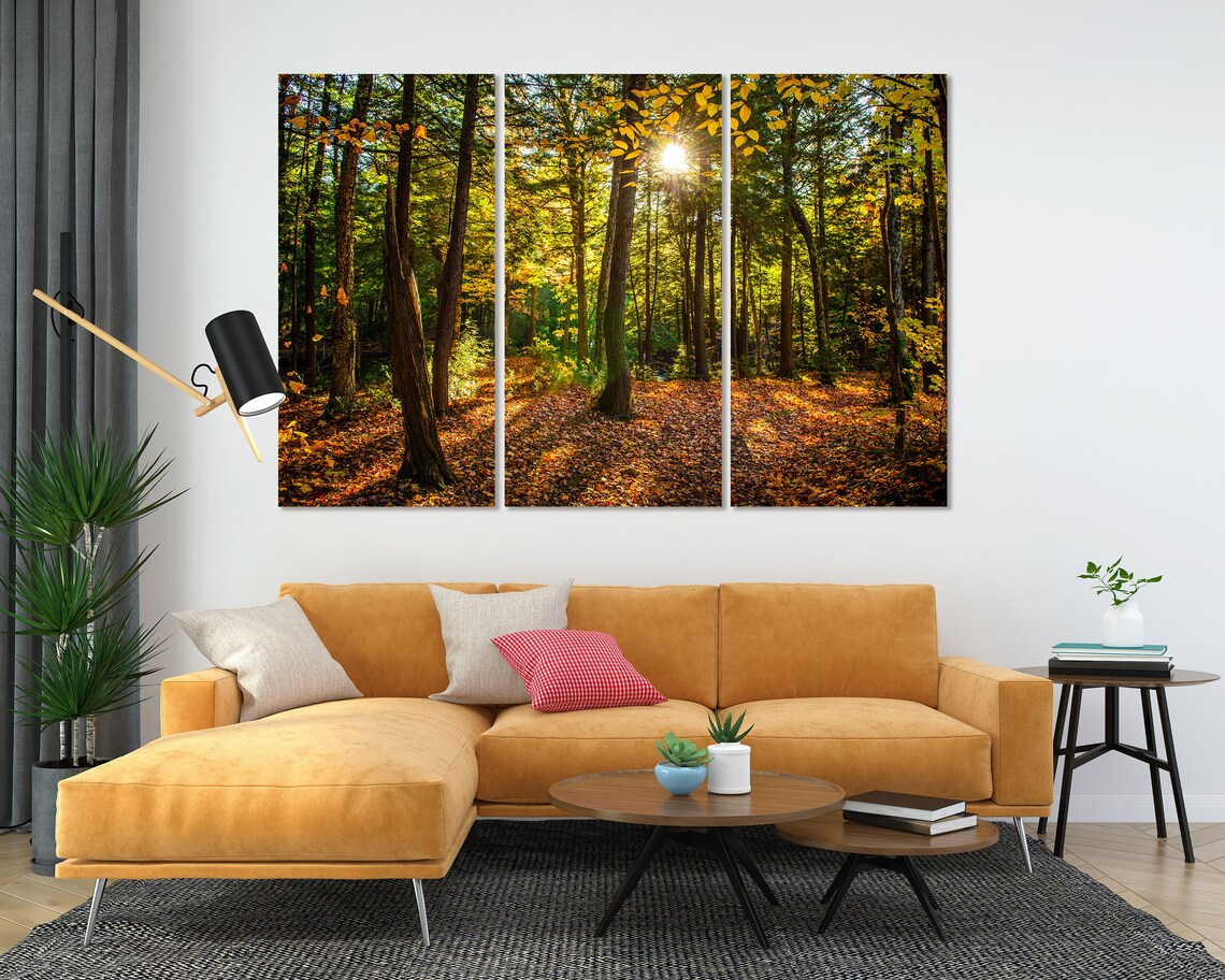 Sunlit Autumn Forest with Golden Leaves Carpet Woodland View Poster - Image 5