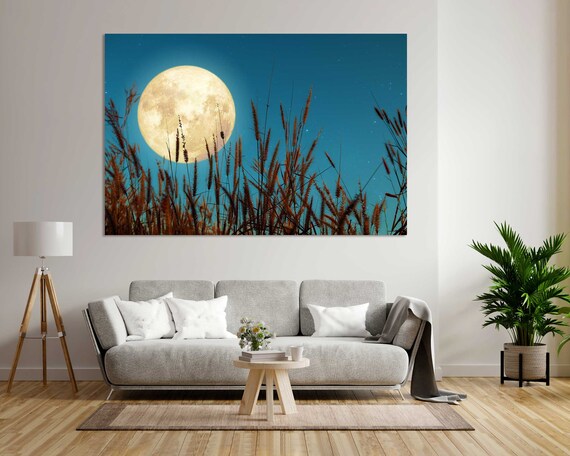 Full Moon Rising Over Tall Grass Field Starry Night Sky Nature Poster