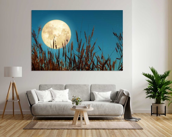 Nature Fantasy Art On Wild Grass And Full Moon With Star Art In Retro Style Painting Wall Decor Art With Vintage Color Tone