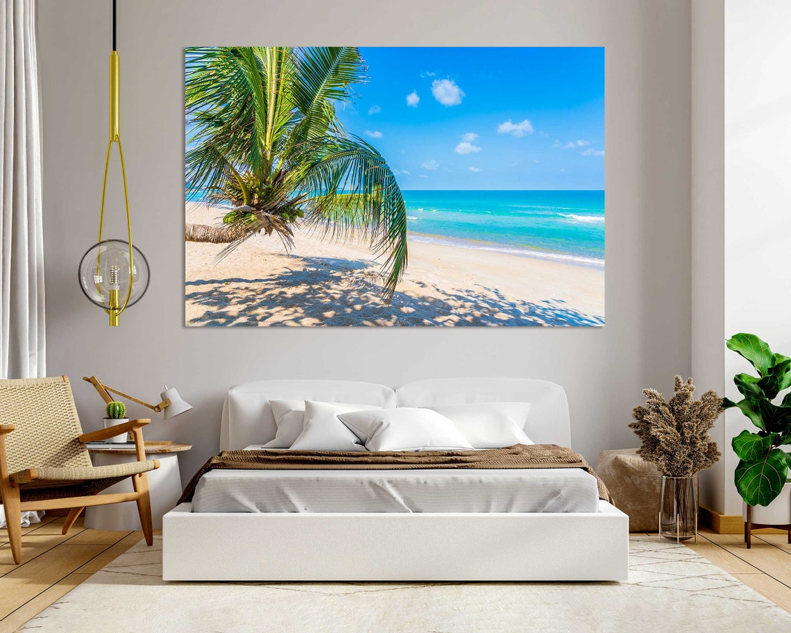 Sunny Tropical Beach Leaning Palm Tree Turquoise Ocean Travel Poster