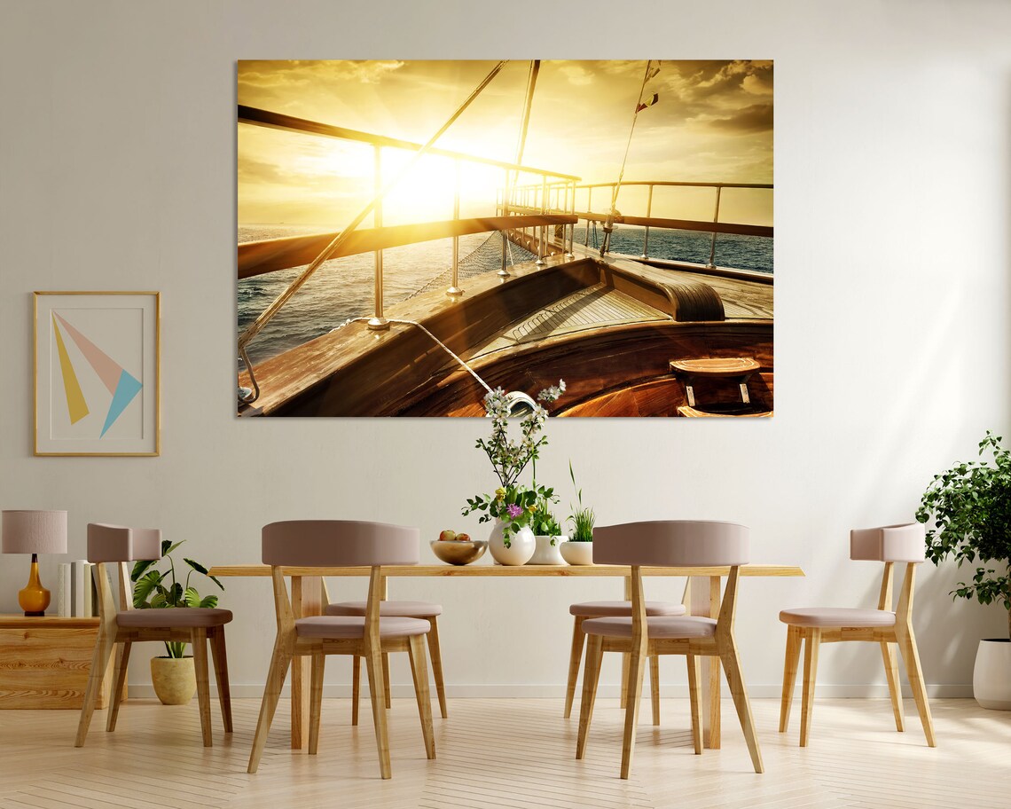 Wooden Sailboat Bow At Golden Sunset Over Open Sea Photo Poster