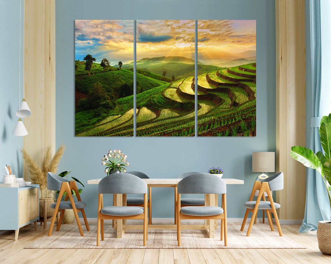 Terraced Rice Fields Sunset Misty Green Hills Golden Light Poster - Image 3