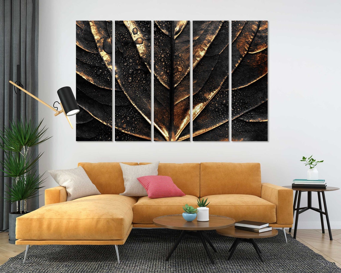 Golden Leaf With Water Droplets Dark Background Botanical Wall Poster - Image 5