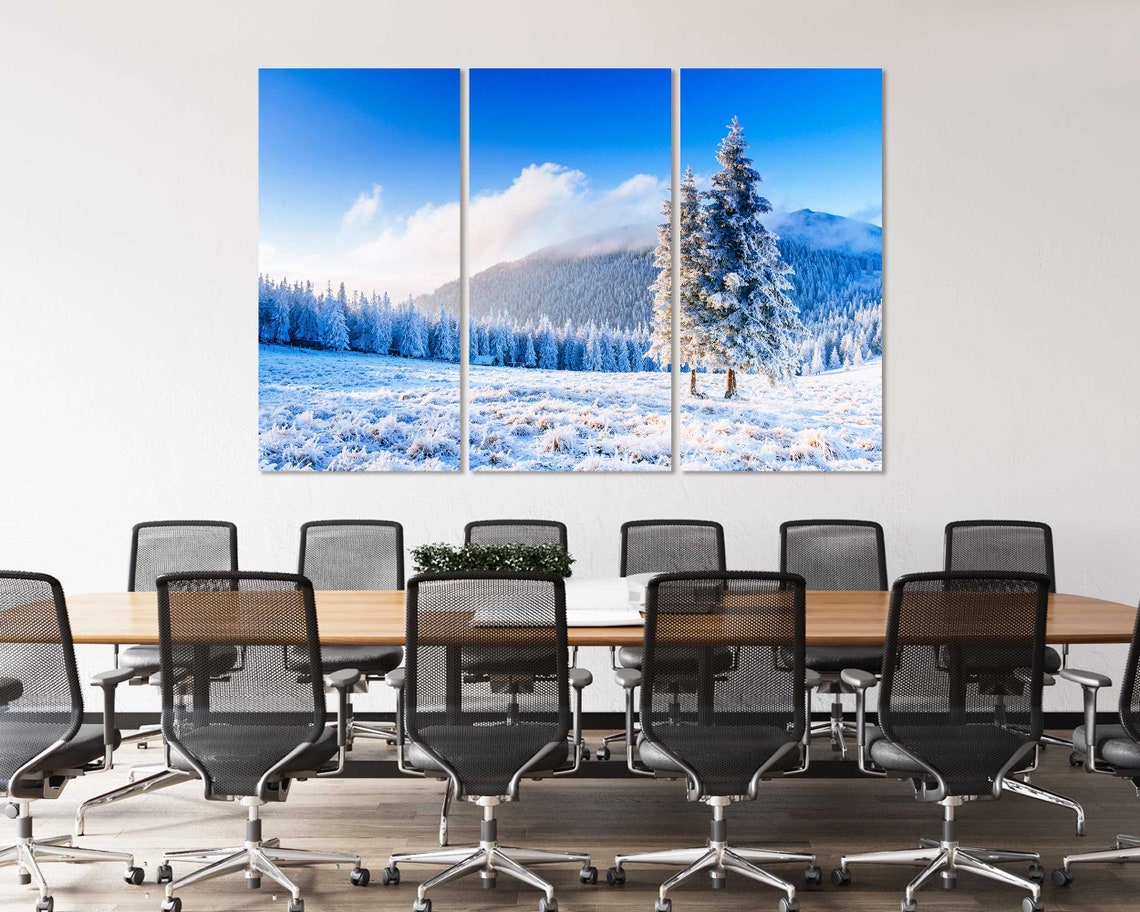 Snowy Winter Mountain Valley with Frosted Pines Blue Sky View Poster - Image 4