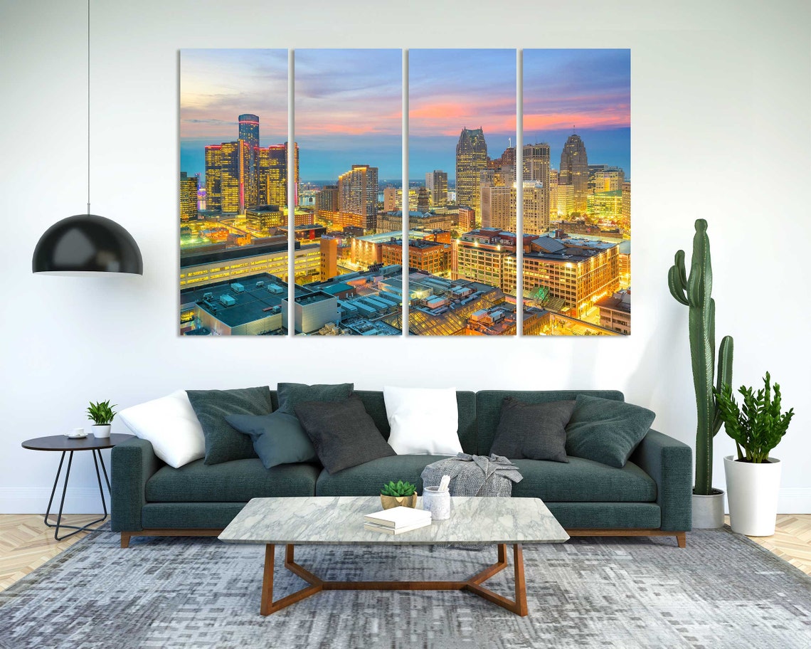 Downtown Detroit Skyline Dusk Riverfront City Lights Travel Poster - Image 2