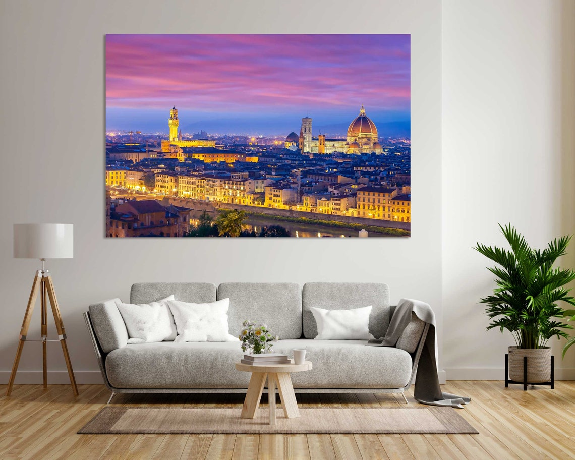 Florence Italy Night Duomo Pink Sky Arno River Lights Travel Poster