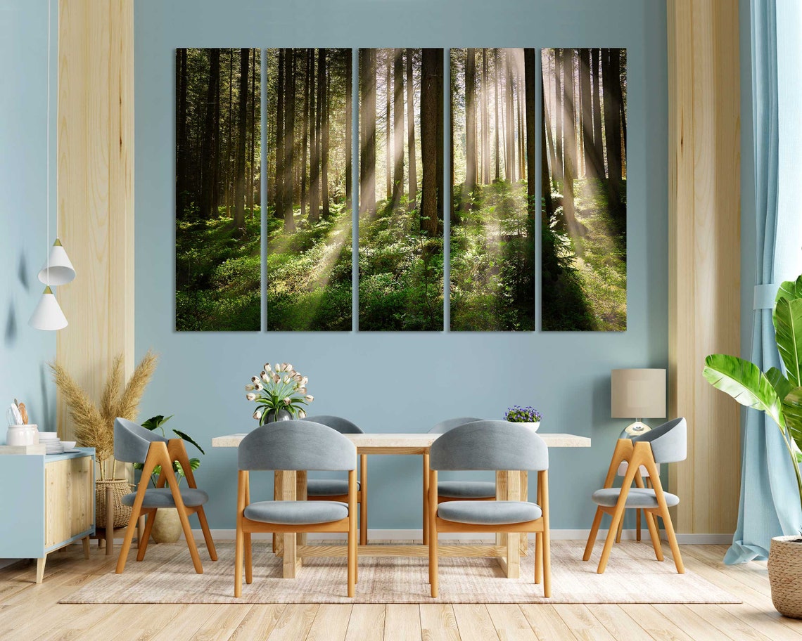 Sunlight Rays Through Tall Forest Trees Three Panel Nature Poster - Image 3