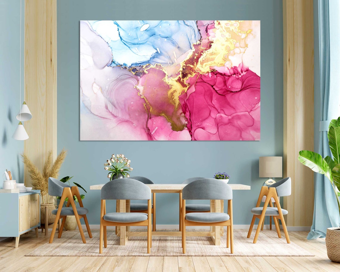 Elegant Pink Blue Gold Abstract Ink Swirls Modern Fluid Art Poster - Image 3