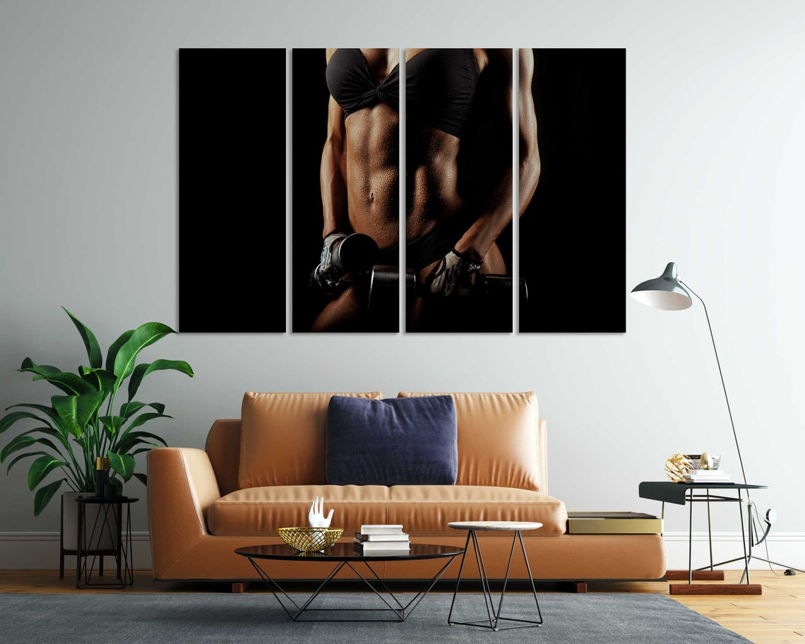 Fitness Woman With Perfect Body Holding Dumbbells Printing Art On Gym Modern Artwork Fitness Wall Art Woman Body Art On - Image 8
