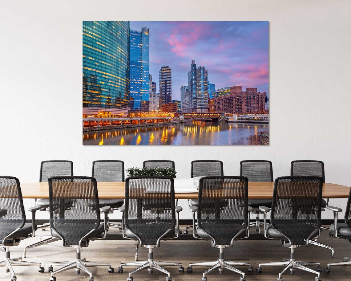 Chicago Downtown River Dusk City Lights Skyline Illinois Travel Poster - Image 5