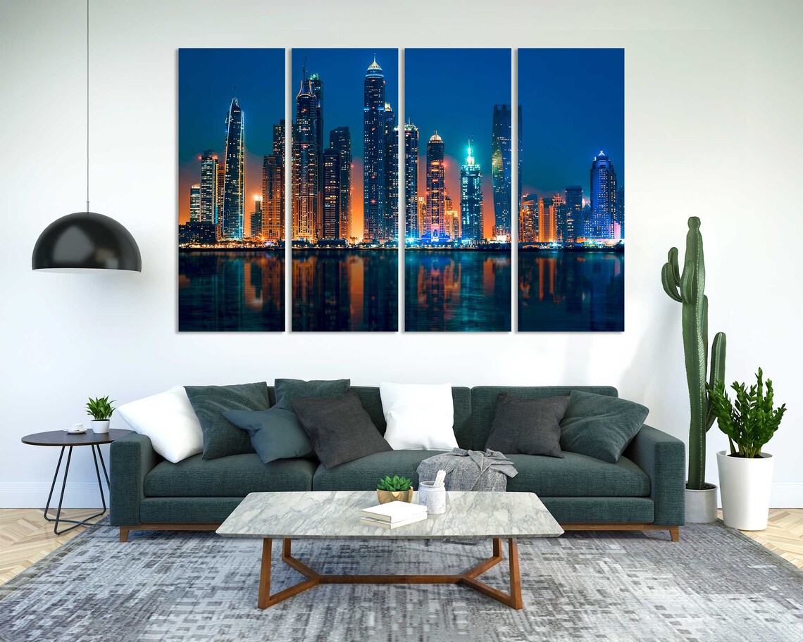 Dubai Marina Skyscrapers Night Lights Water Reflections City Poster - Image 2