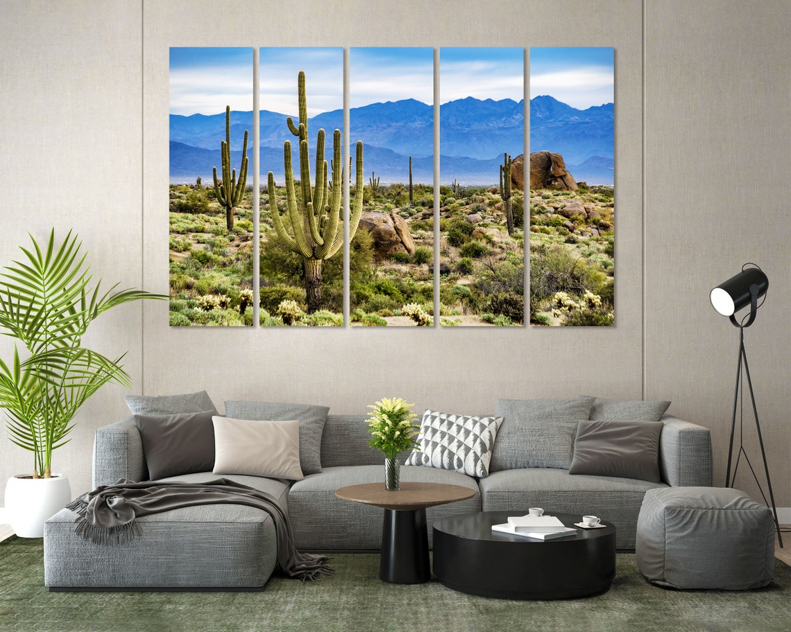 Saguaro Cactus Desert With Blue Mountains Landscape Photo Poster - Image 2