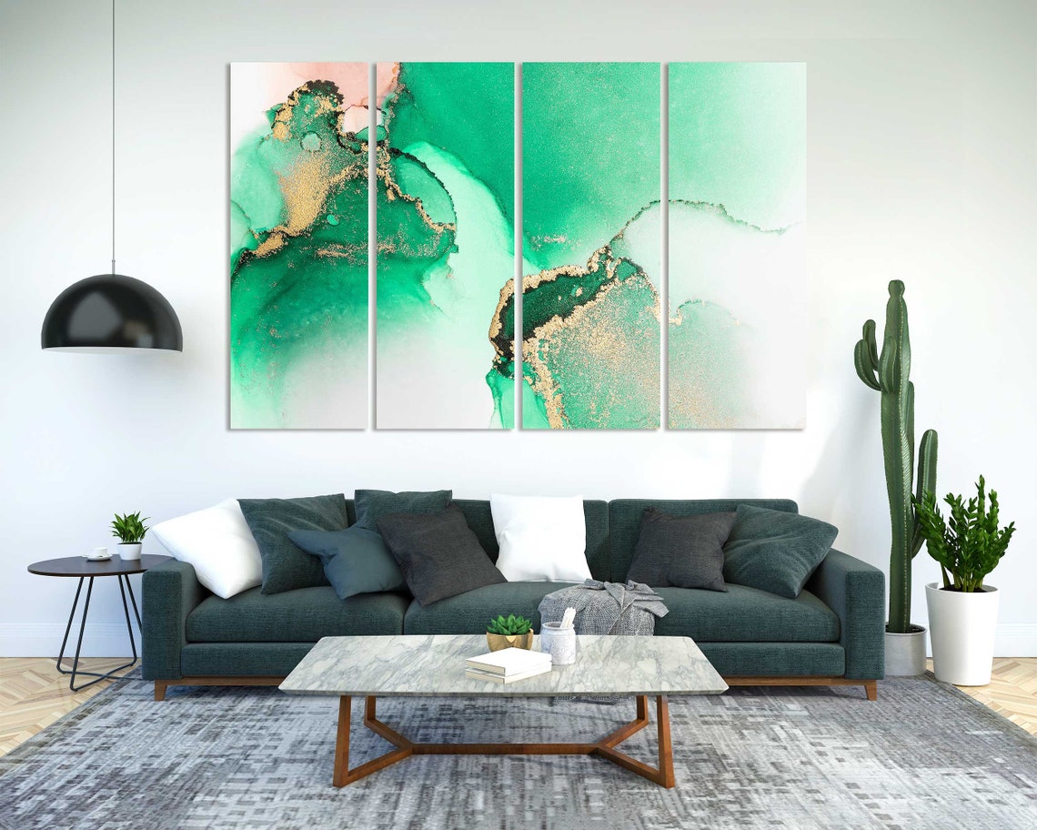 Emerald Green Gold Alcohol Ink Abstract Cloud Swirls Art Poster - Image 2