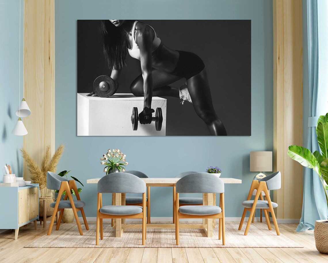 Black White Fitness Woman Dumbbells Workout Gym Motivation Wall Art Poster - Image 3