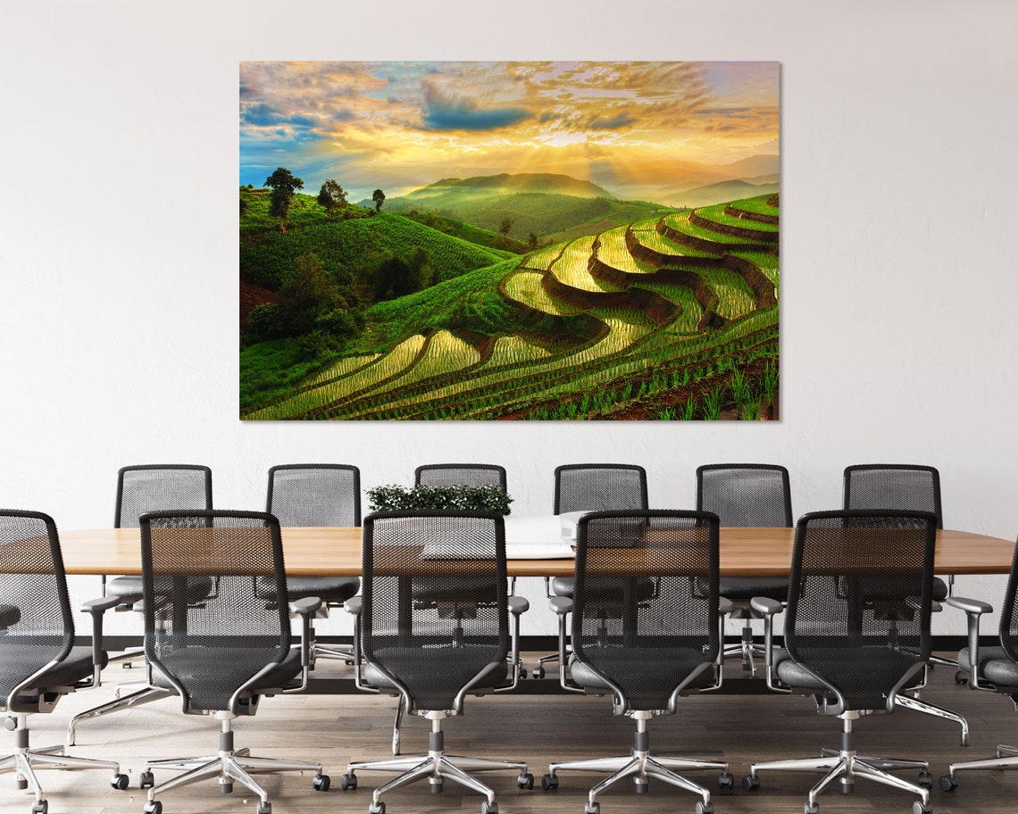 Terraced Rice Fields Sunset Misty Green Hills Golden Light Poster - Image 4