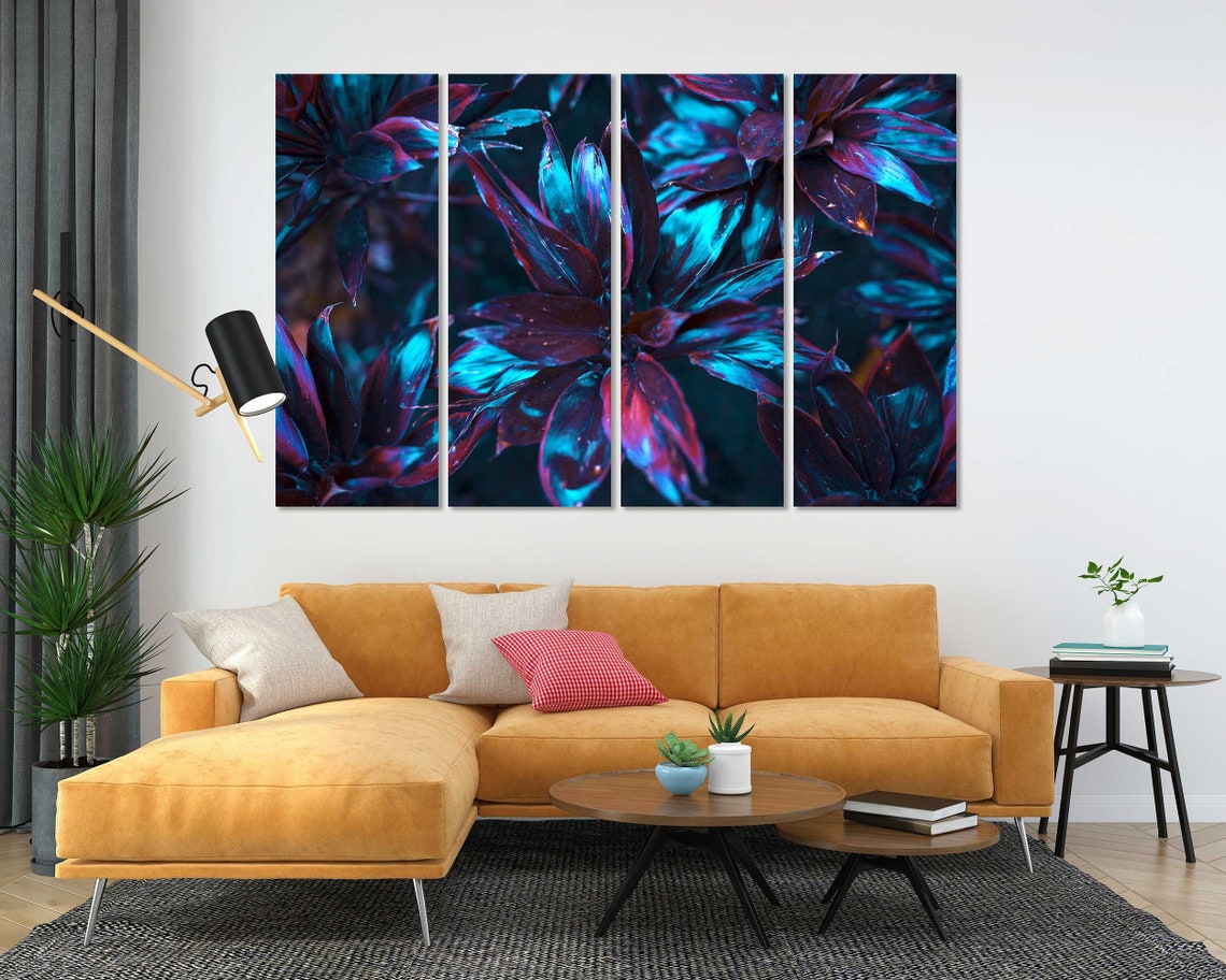 Neon Blue And Purple Tropical Leaves Dark Botanical Wall Art - Image 5