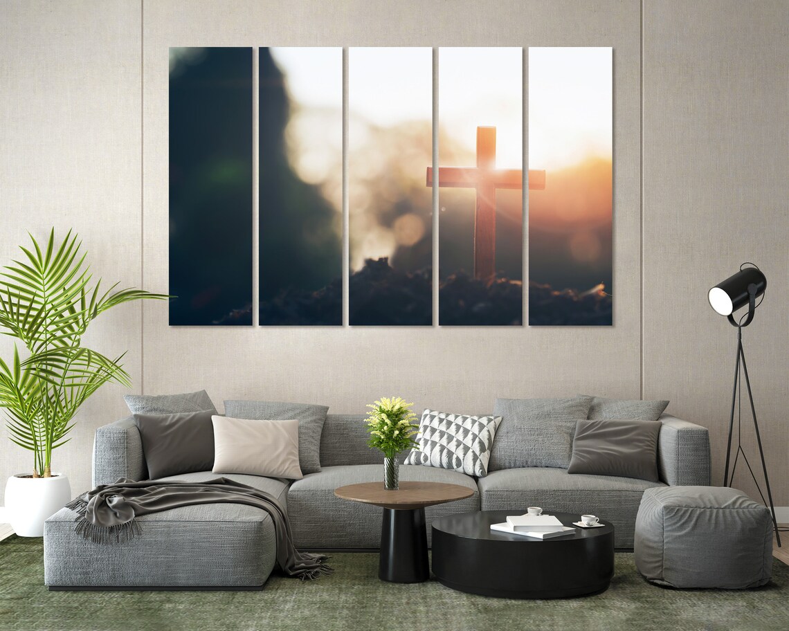 Wooden Cross Silhouette In Golden Sunrise Light Rays Spiritual Poster - Image 5