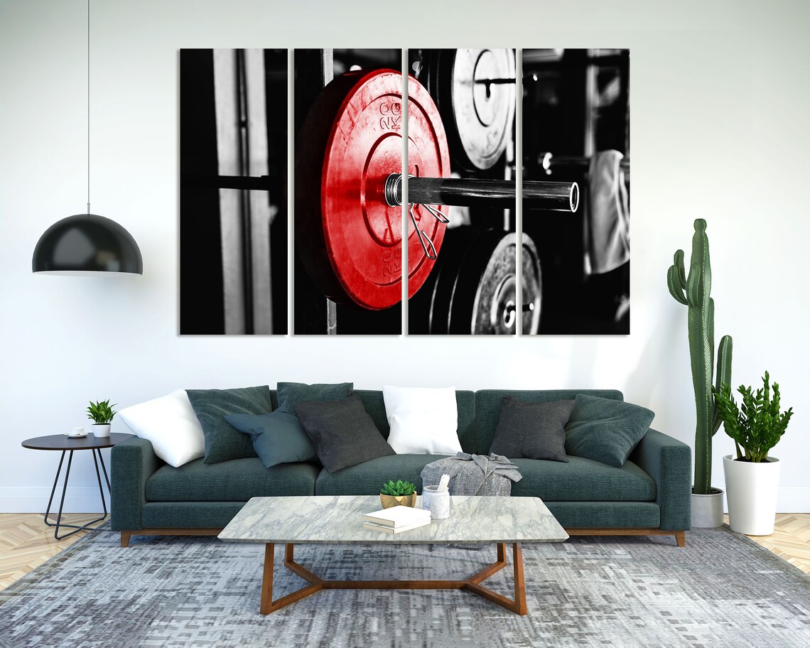 Barbell Red Weight Plate Gym Fitness Strength Training Black White Poster - Image 2
