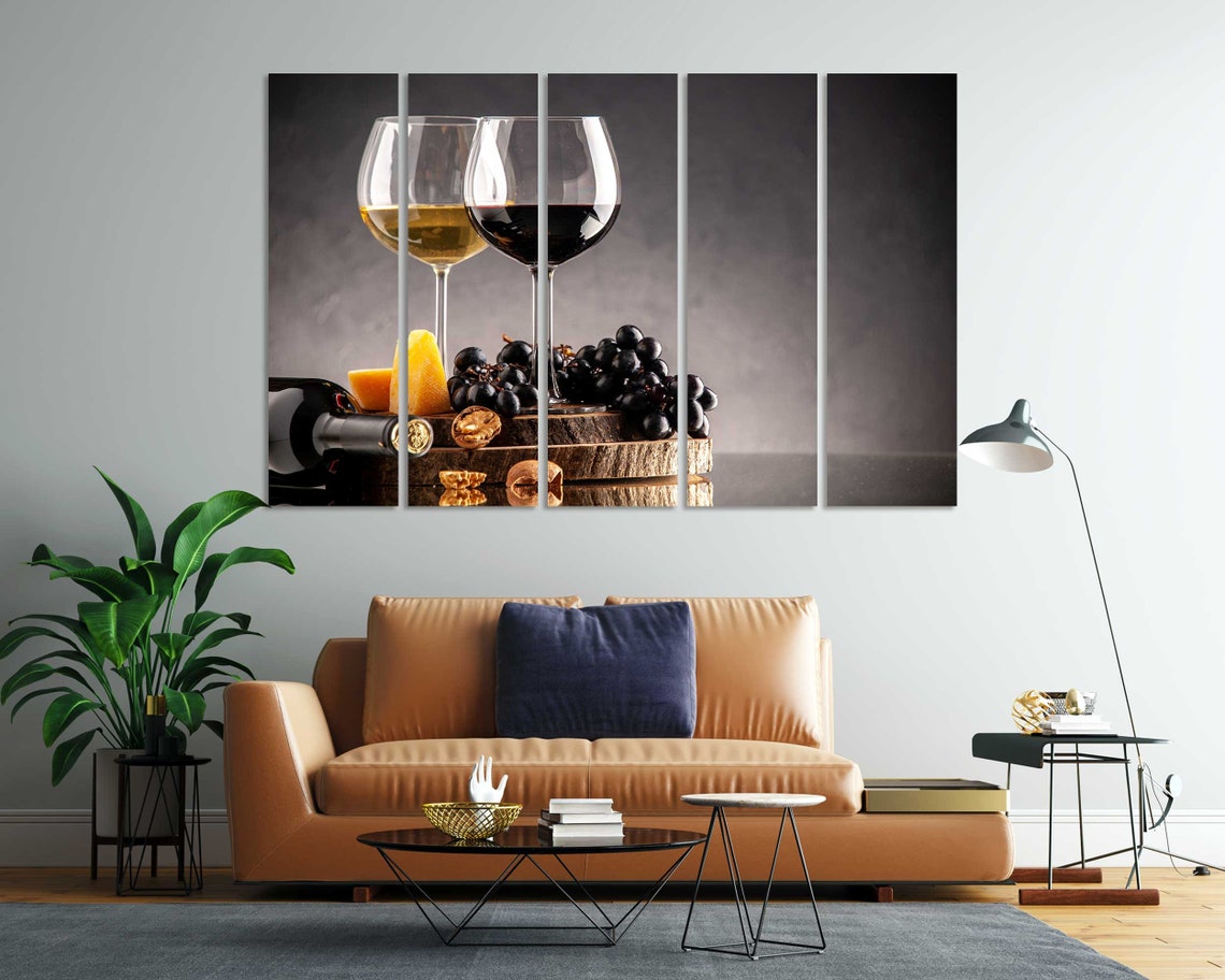 Red White Wine Glasses Grapes Cheese Still Life 4 Panel Wall Art - Image 7