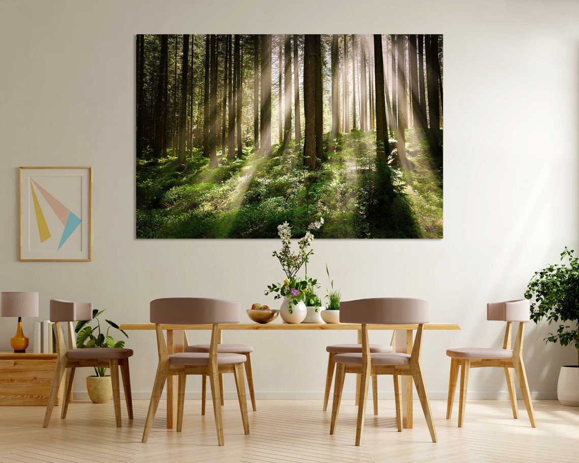 Sunlight Rays Through Tall Forest Trees Three Panel Nature Poster - Image 6