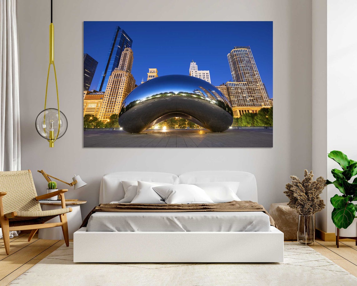 Chicago Cloud Gate Bean Night Lights City Skyline Travel Poster