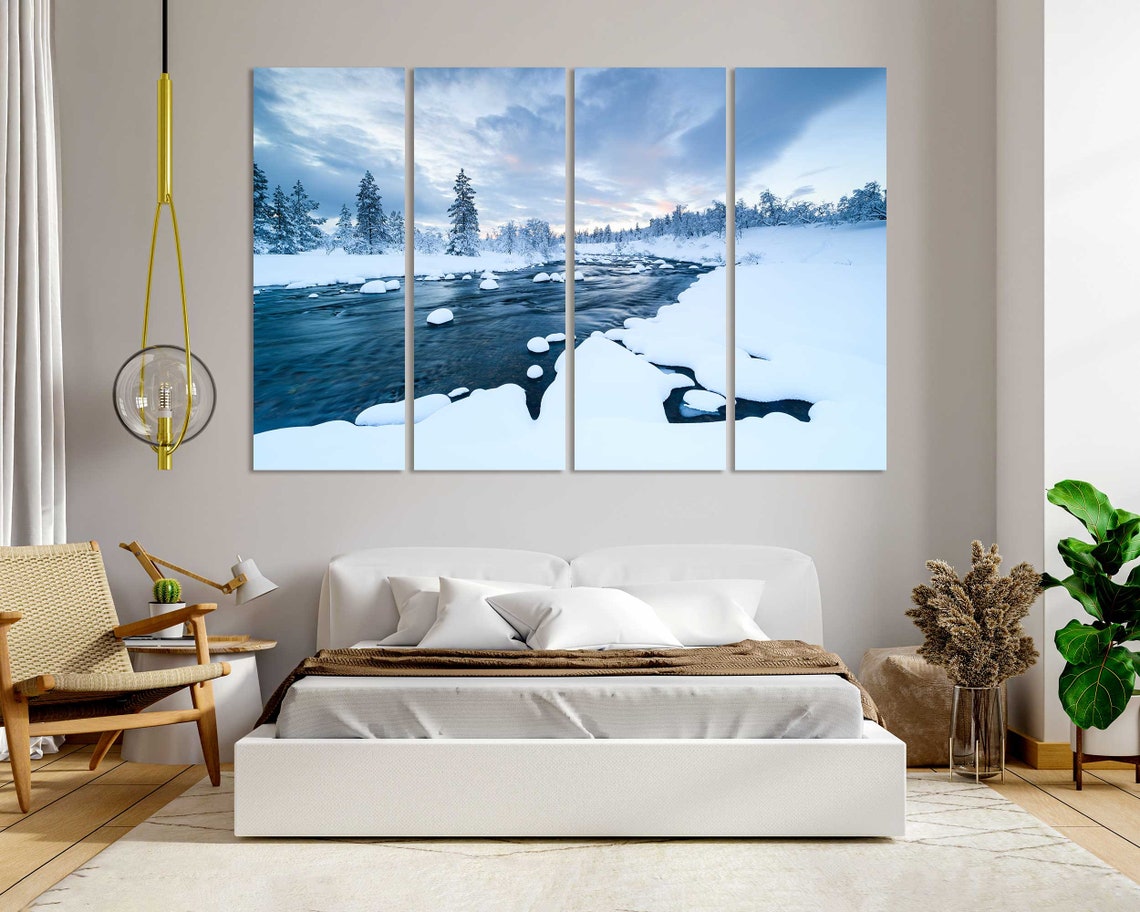 Snowy Winter River Winding Through Frozen Forest Landscape Poster