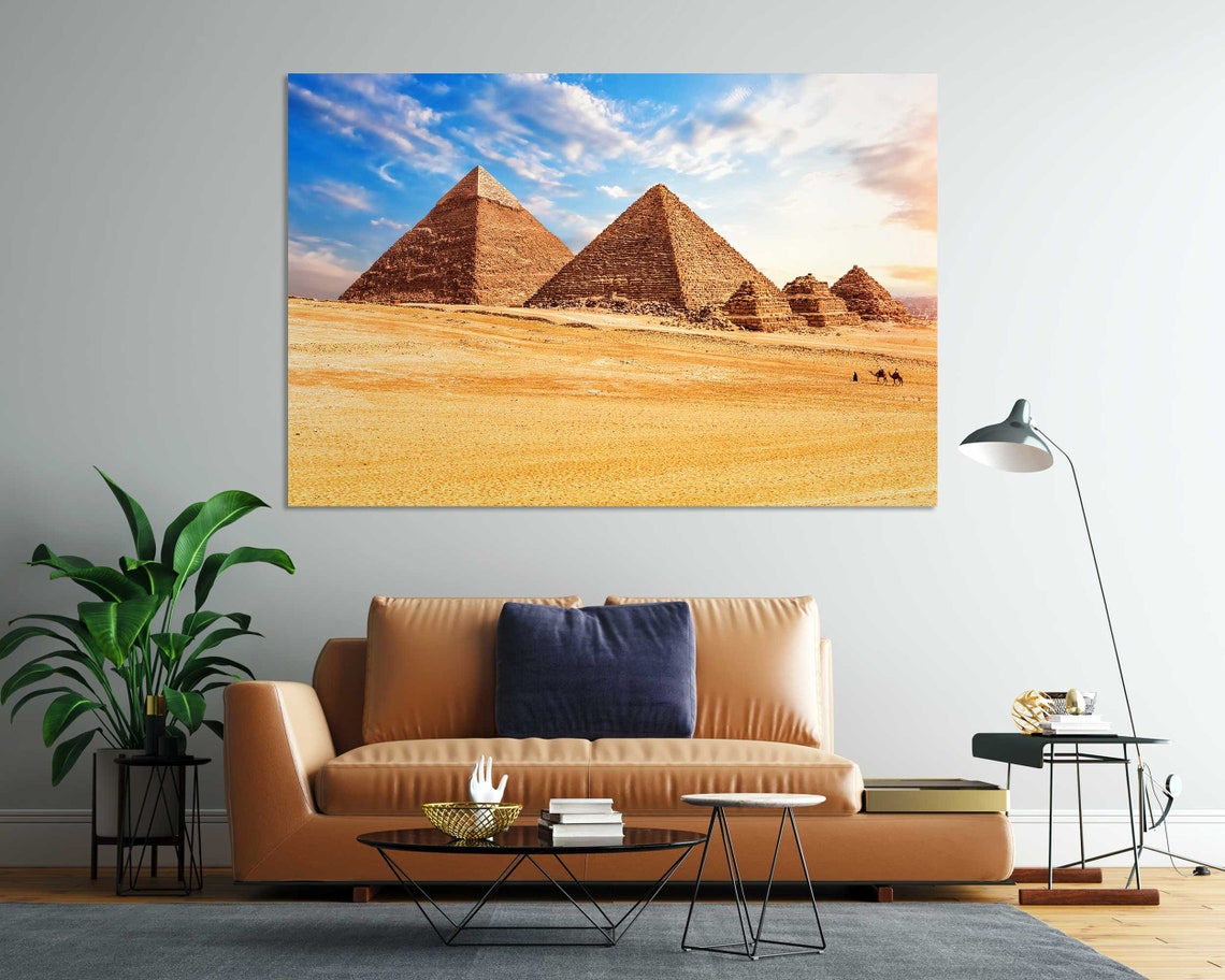 Giza Pyramids Egypt Desert Camels Blue Sky Golden Travel Poster