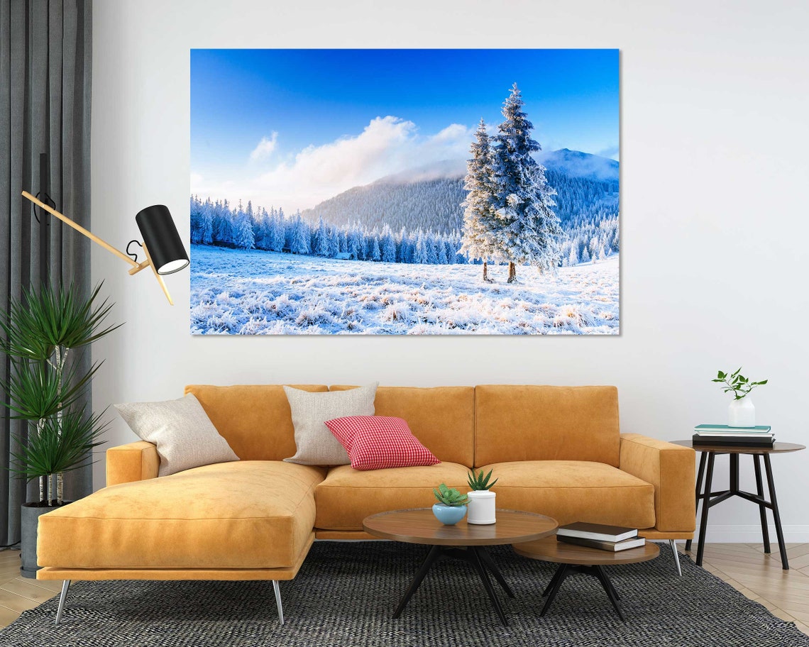 Snowy Winter Mountain Valley with Frosted Pines Blue Sky View Poster - Image 5