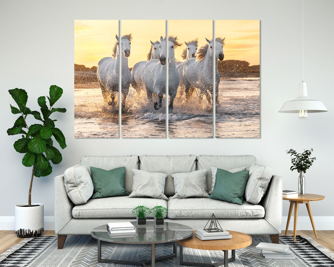 White Horses Galloping Through Water at Golden Sunset Horse Poster - Image 7