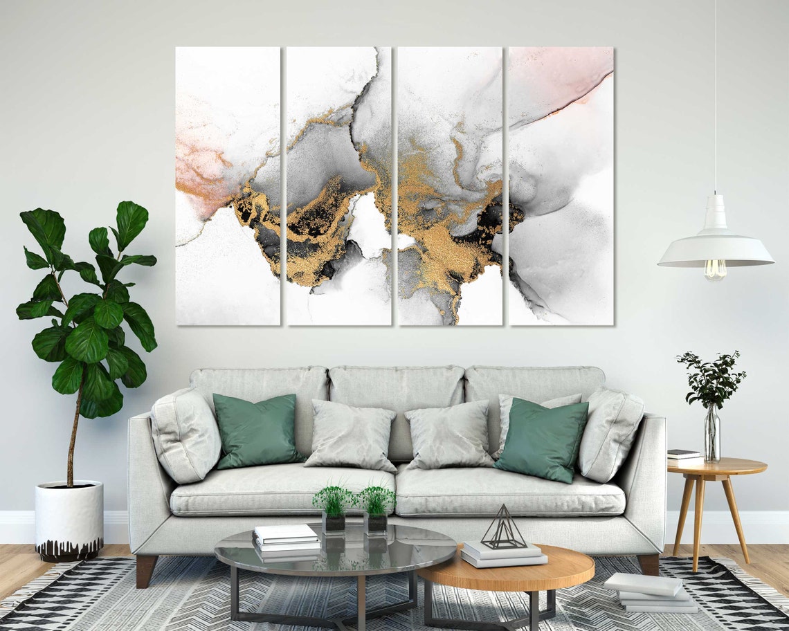 White Gray Gold Marble Abstract Watercolor Three Panel Modern Wall Art - Image 7