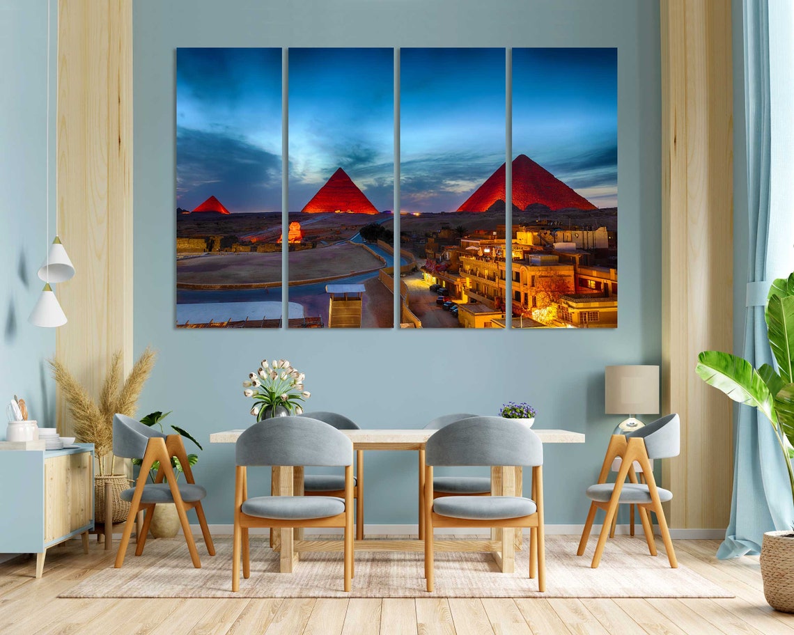 Egypt Pyramids Night Illuminated Giza Four Panel Ancient Poster - Image 3