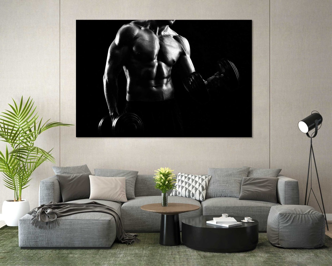 Black And White Bodybuilder Muscles Dumbbells Gym Strength Art Poster - Image 8