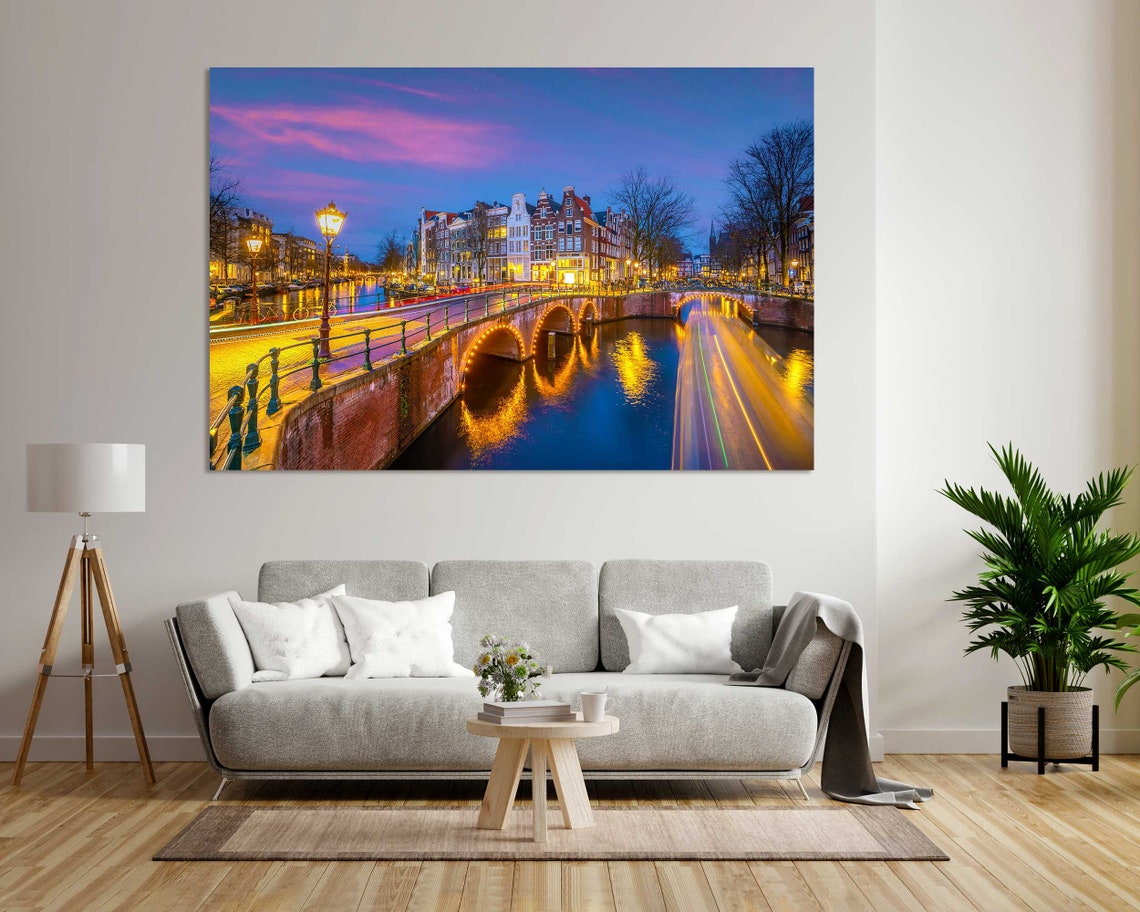Amsterdam Canal Bridges Evening Lights Netherlands City Travel Poster