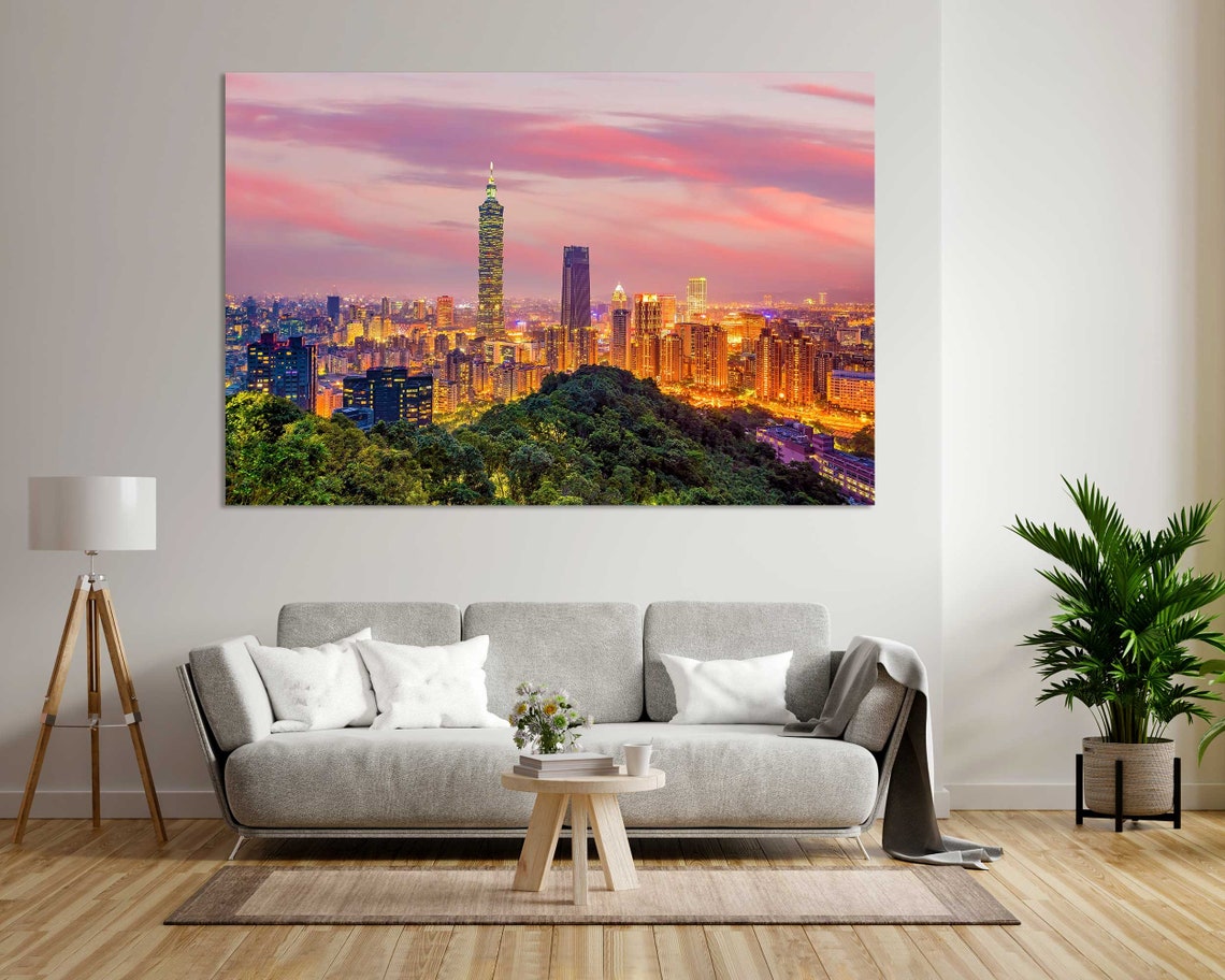 Taipei Taiwan 101 Skyline Sunset Pink Sky City Lights Travel Poster