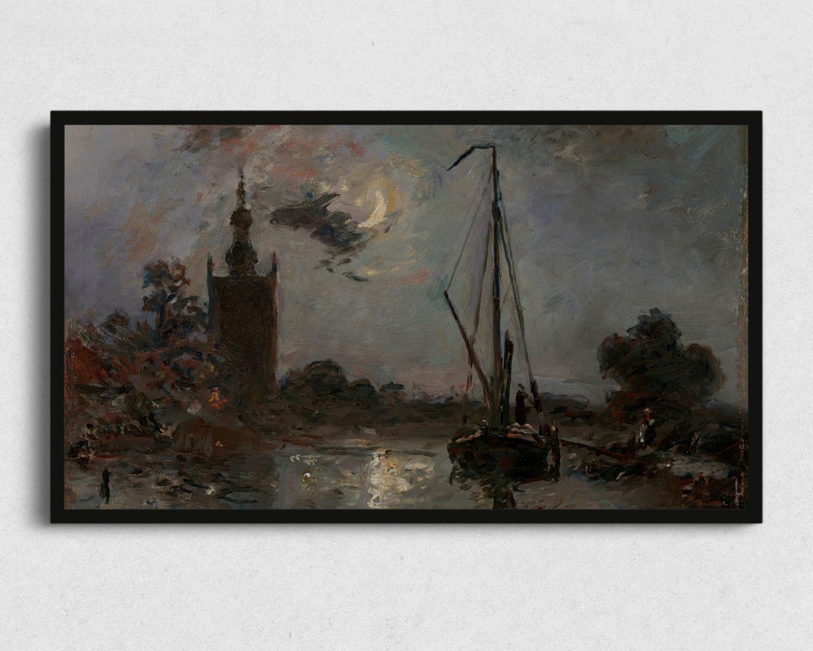 Crescent Moon Harbor Church Tower Sailboat Night Water Art Poster - Image 2