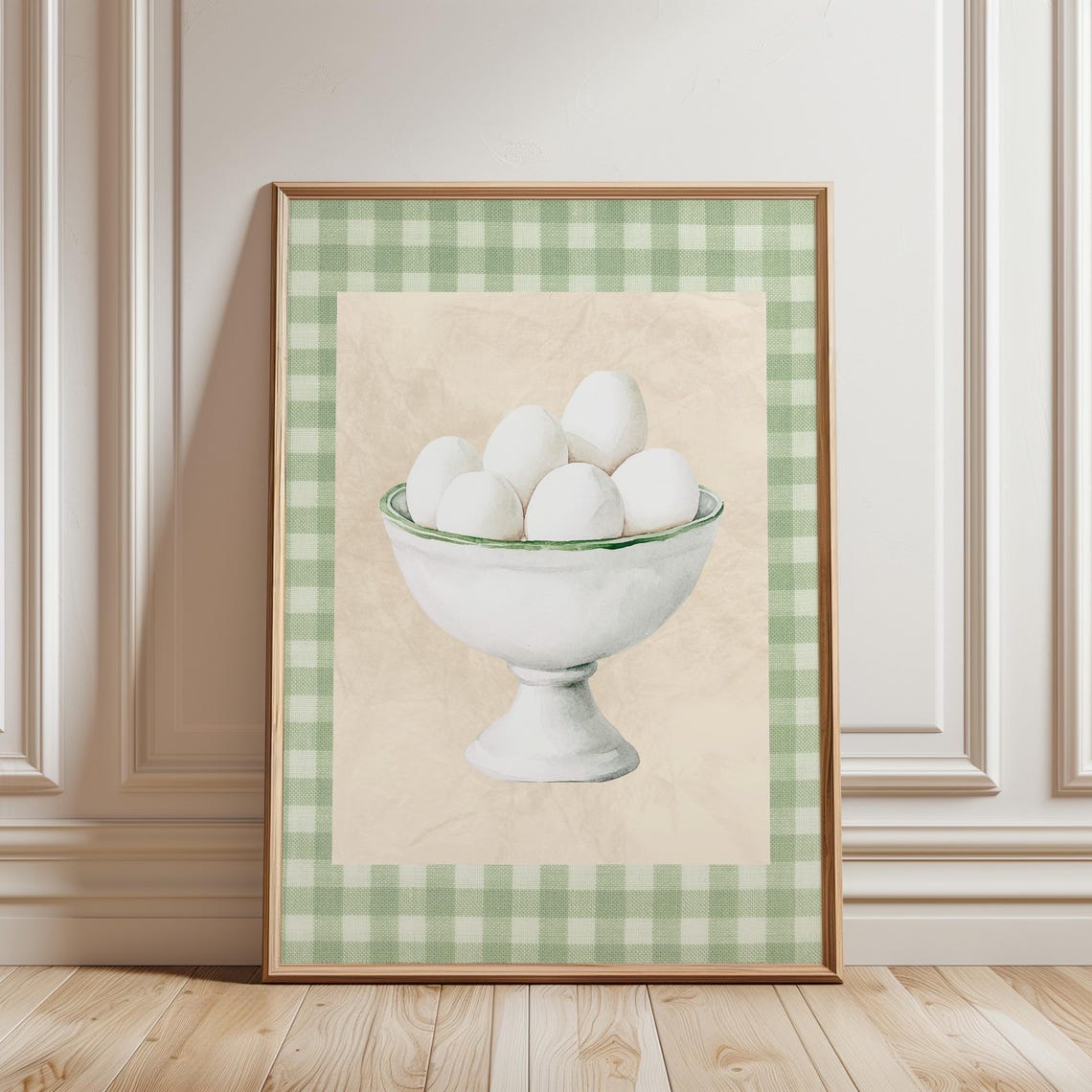 Rustic Farmhouse Bowl of White Eggs Green Gingham Kitchen Wall Art