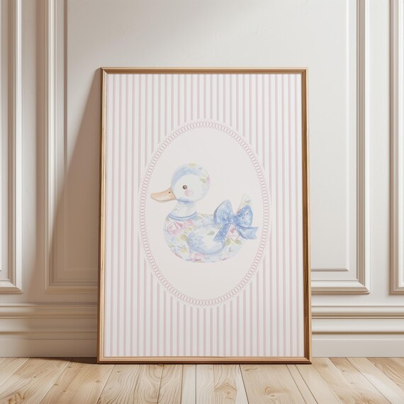Floral Duckling With Blue Bow Watercolor Nursery Print Pink Stripes