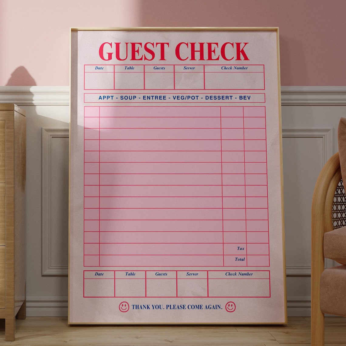 Blank Guest Check Pink Poster, Vintage Retro Art Print