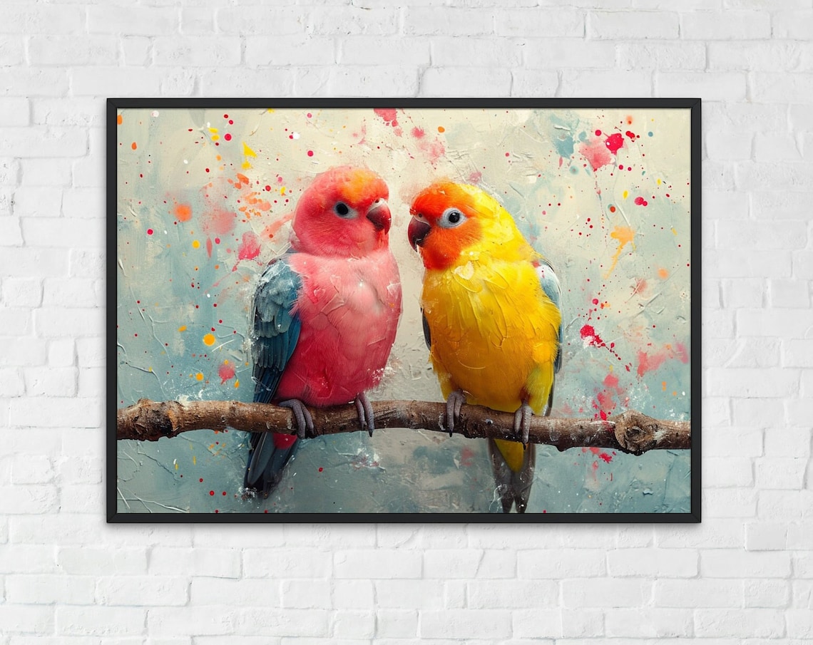 Pink Yellow Lovebirds Parrots Watercolor Splash Bird Painting Poster