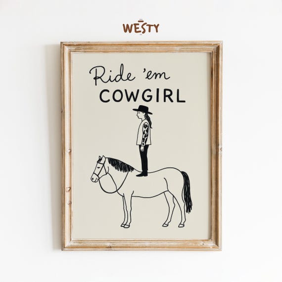 Ride Em Cowgirl Poster Funny Western Wall Art Minimalist Line Drawing Print