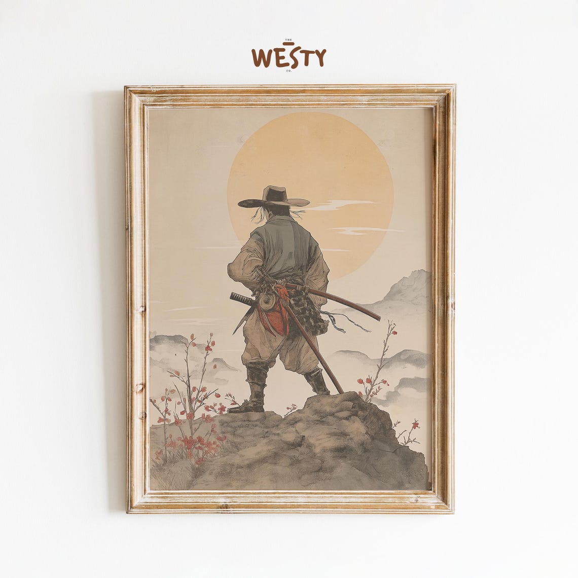 Samurai Standing Before Sunset Japanese Ink Style Art Poster