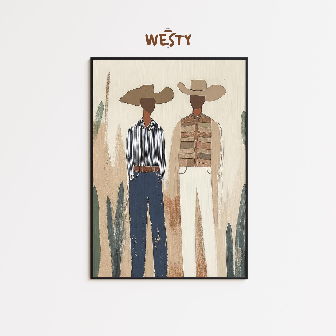 Minimalist Western Cowboy Duo With Saguaro Cactus Desert Scene Poster