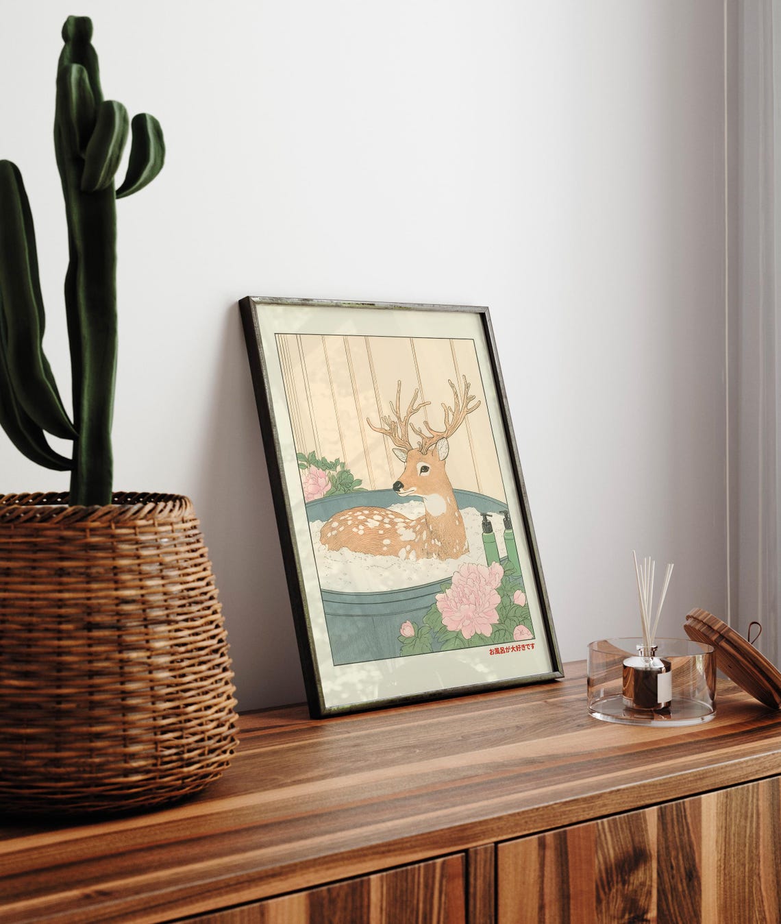 Japanese Style Spotted Deer Stag Bathing in Tub with Peonies Poster - Image 3