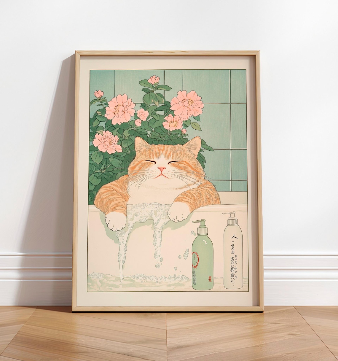 Ukiyo-E Cat Print, Funny Ginger In Bathtub