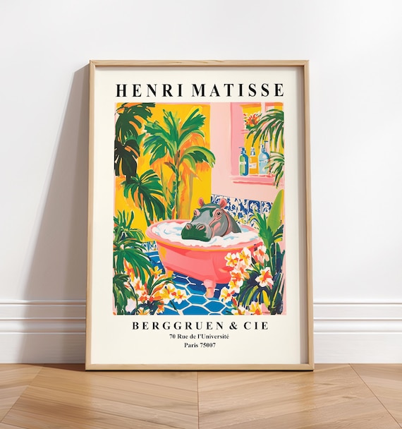 Hippo In Bathtub Poster, Matisse Style Bathroom Art