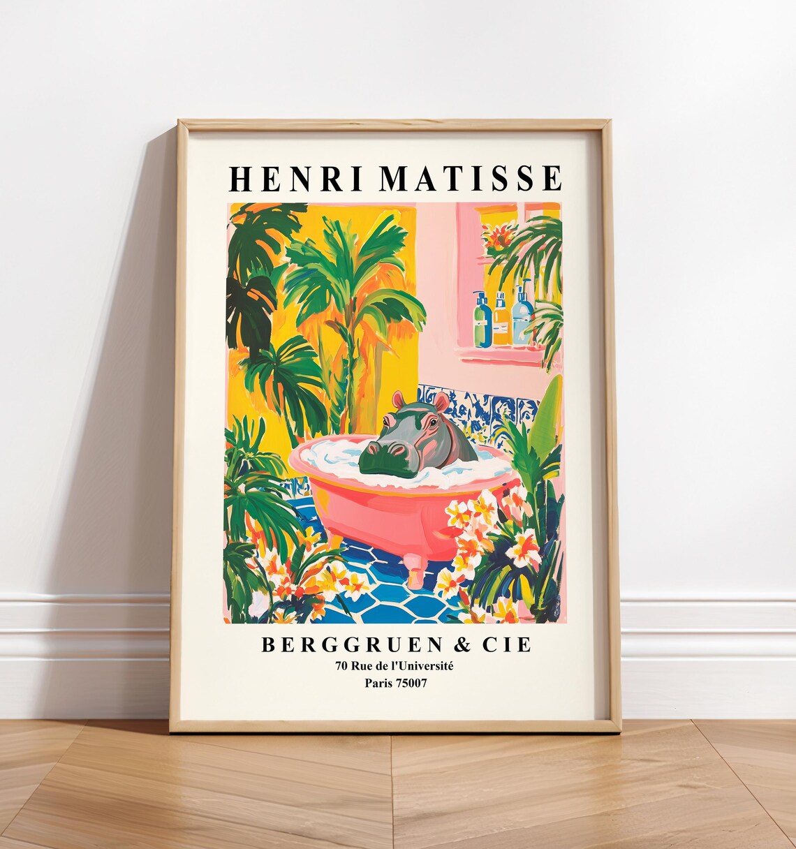 Hippo In Bathtub Poster, Matisse Style Bathroom Art